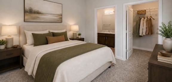 Professionally staged bedroom with walk-in closet at Townes at Clarkston Centre apartments in Clarkston, GA.