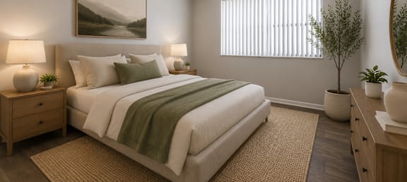 A bedroom with a large bed, a nightstand, and a painting on the wall.