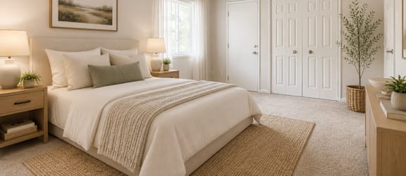 A bedroom with a large bed and a painting on the wall.