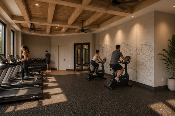 A group of people are exercising on treadmills in a gym with a wall drawing.