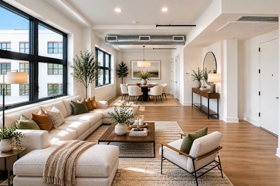 A well-lit, modern living room with a large white sofa and a coffee table.