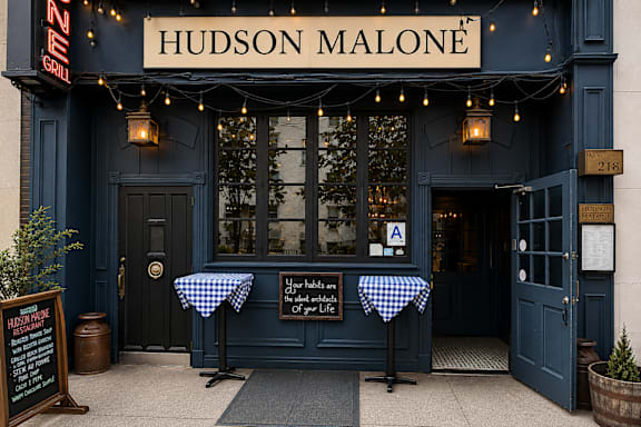 The exterior of a restaurant named Hudson Malone with a black door and windows.