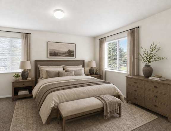 A bedroom with a large bed, a nightstand, and a dresser. at Slate Canyon Apartments, Utah, 84606