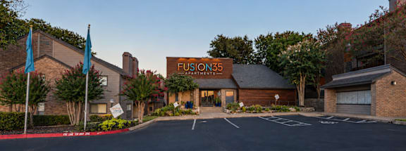 Fusion 35 Apartments exterior building with the name "Fusion 35" on it.