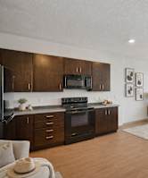 A well-lit, modern kitchen with dark wood cabinets and a large window.