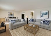 Thumbnail 1 of 8 - A living room with a grey couch and a coffee table.
