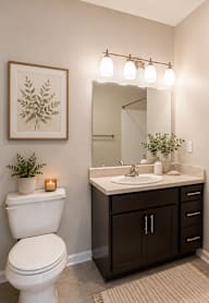 A bathroom with a white toilet, a sink, a mirror, and a bathtub.