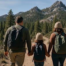 A family of three is hiking in a mountainous area.