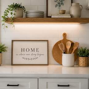 A kitchen counter with a sign that says "HOME is where our slow begins".