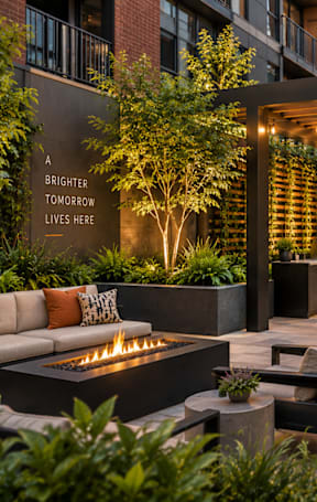 A patio with a fire pit and seating area.