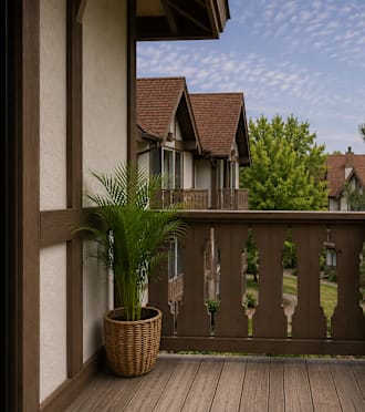 A balcony with a potted plant and a view of a house and trees.