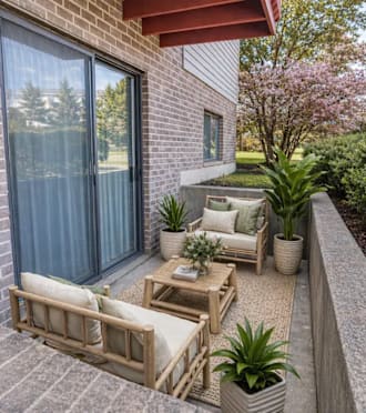 A patio with a couch, table, and potted plants.