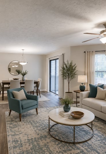 a dining room with a white table and three chairs at High Ridge Apartments in Athens, GA