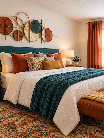 A bedroom with a bed, a bench, and a wall art.