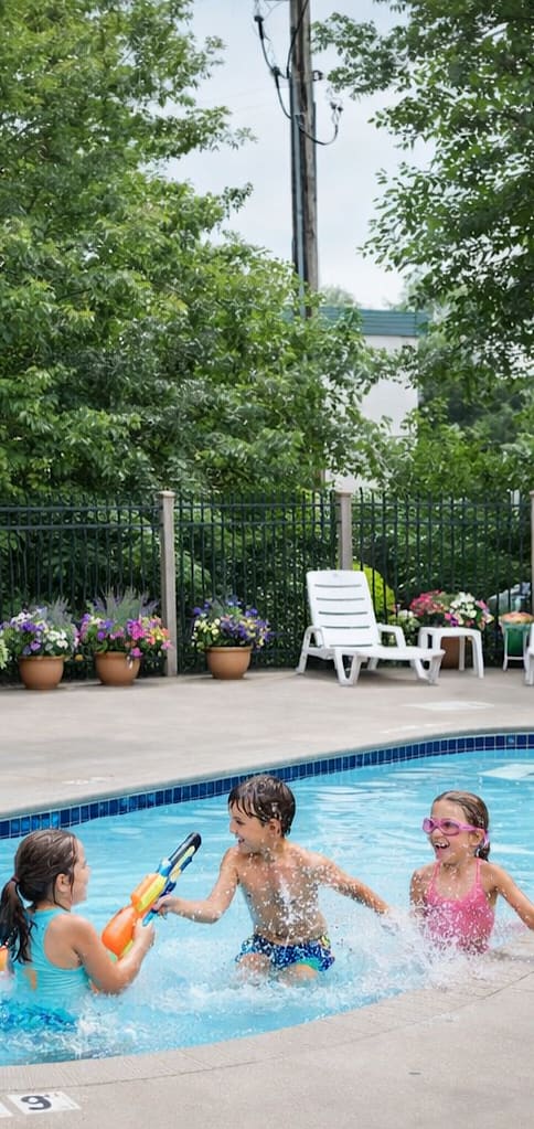 Three children playing in a pool surrounded by lounge chairs and greenery.
