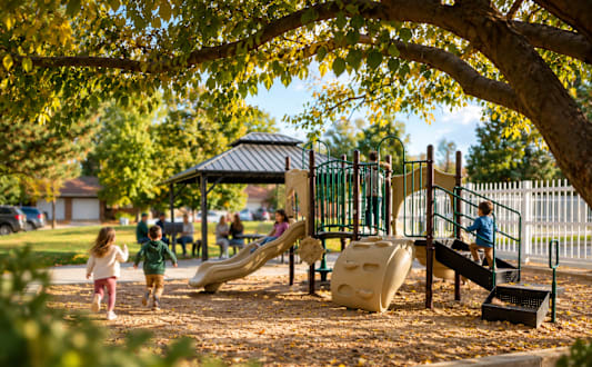 Children playing on a playground with a slide and a tree in the foreground.