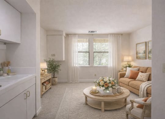 Open concept room and kitchen area at Hilltop Commons Senior Living Apartments, Grass Valley, 95945