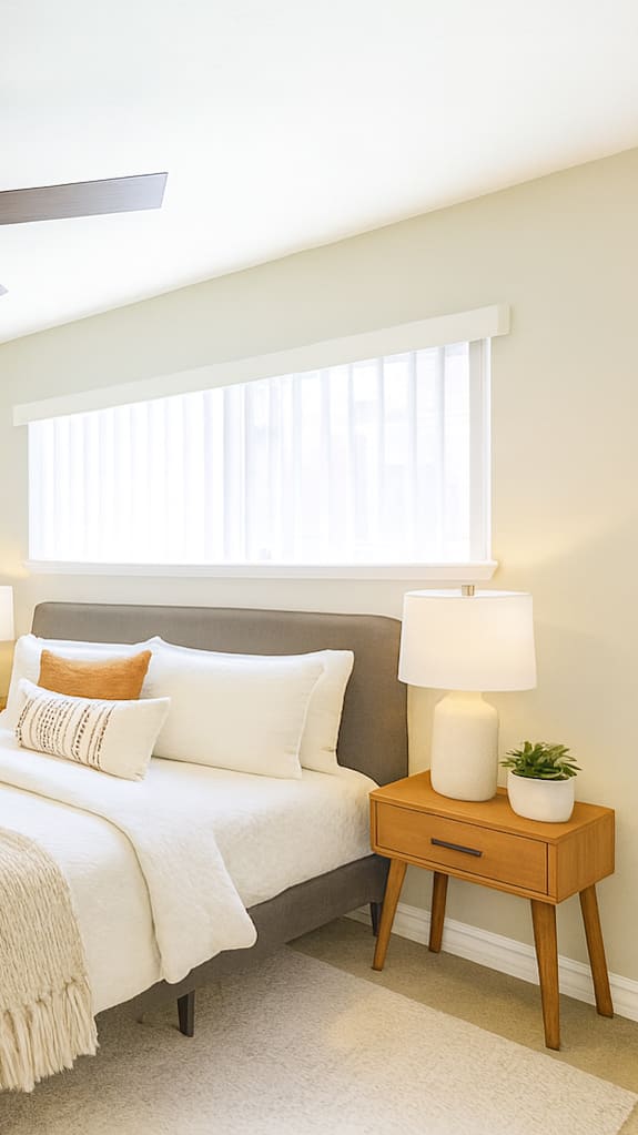 A bedroom with a bed, chair, and mirror.