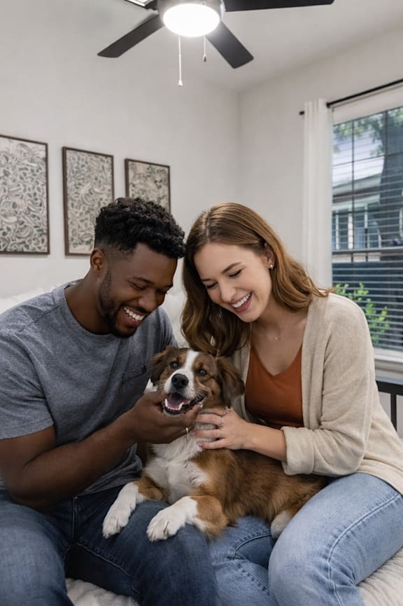 A man and woman sitting on a bed with a dog.