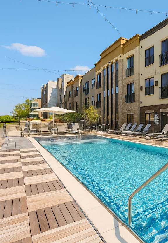 A pool surrounded by lounge chairs in front of a building.