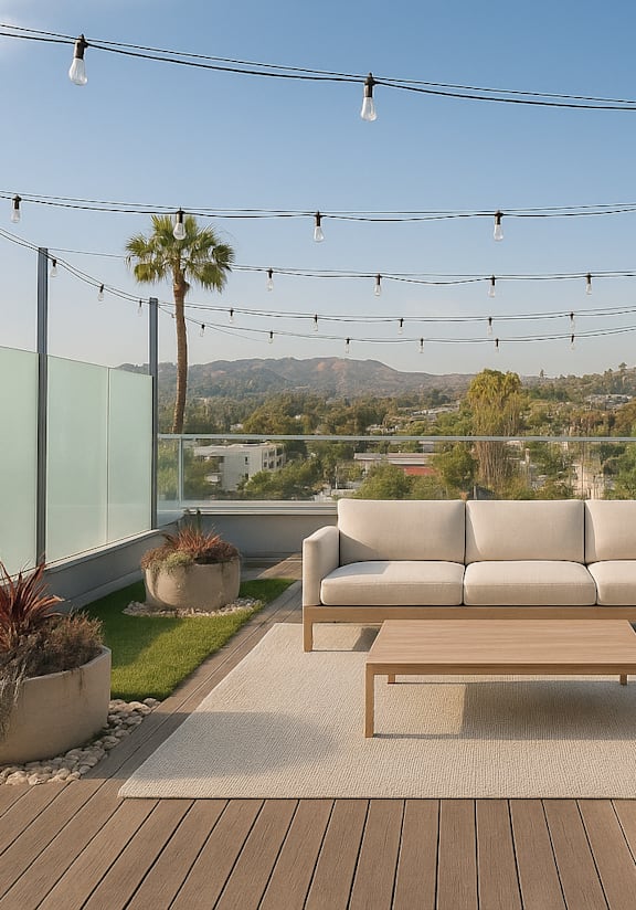 Fusion Hollywood rooftop deck with a white couch and white chair with cafe lights overhead
