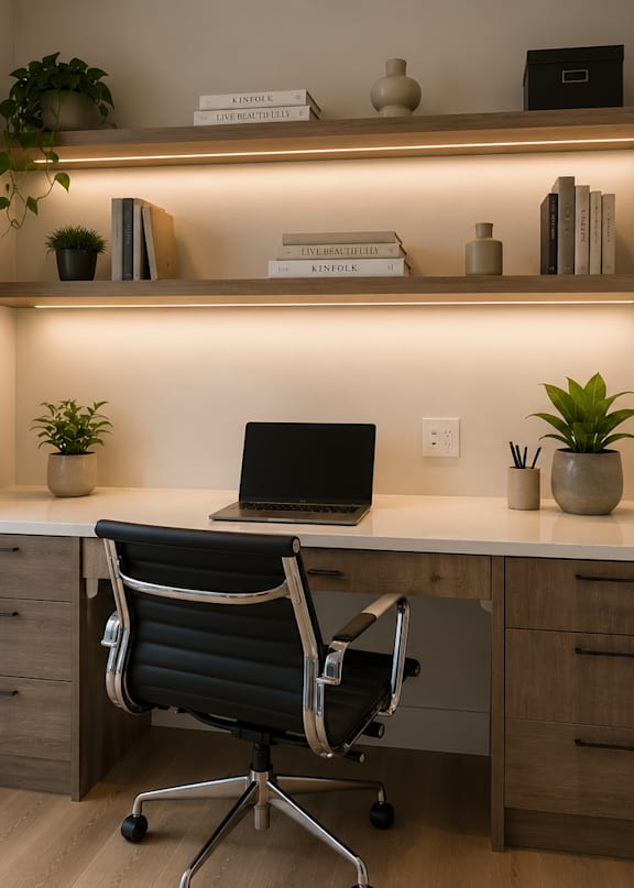 A modern home office with a laptop, chair, and shelves with decorative items.