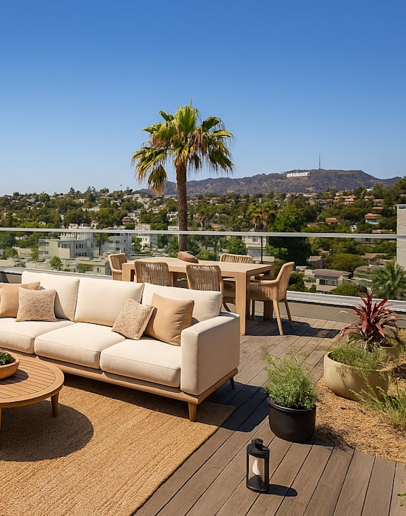 Fusion Hollywood staged private rooftop deck with a white couch and two woven chairs with the Hollywood sign in the background