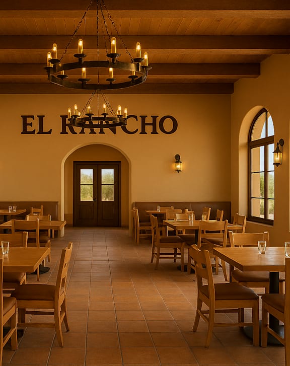 A restaurant with wooden tables and chairs and a sign that says "El Rancho".