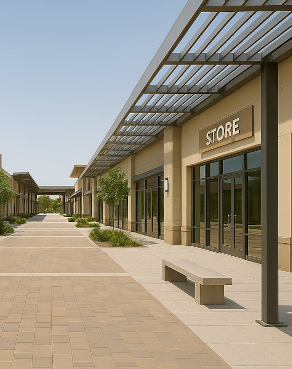 A long walkway between two store fronts.