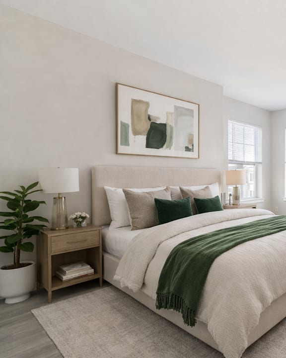 A bedroom with a large bed and a green chair.