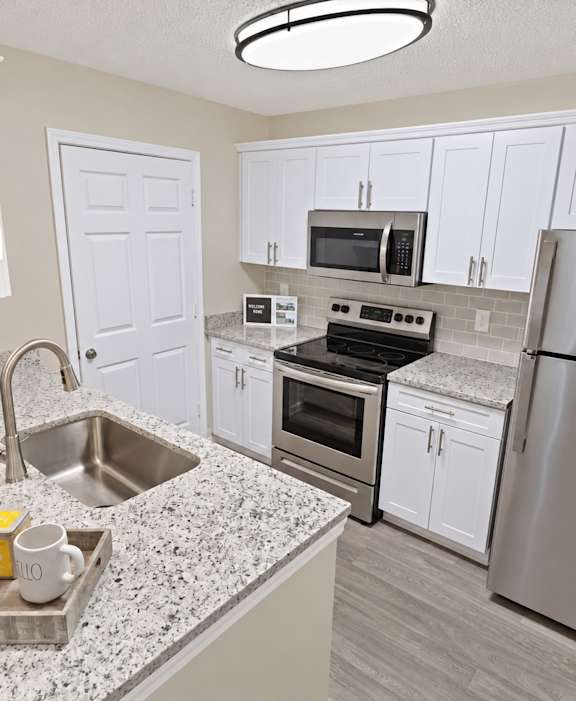 A kitchen with a granite countertop and stainless steel appliances.