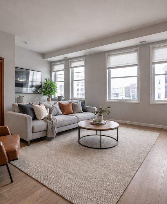 A modern living room with a white couch and a coffee table.