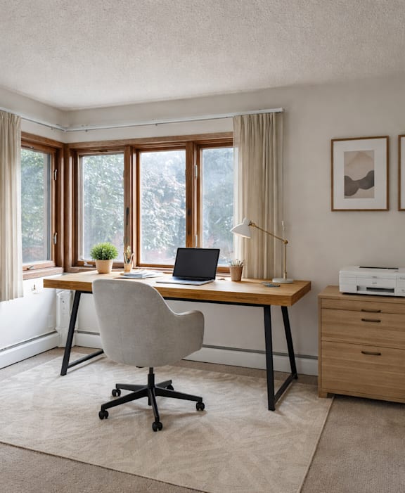 A home office with a desk, chair, and a printer.