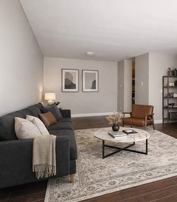 A living room with a grey couch, a coffee table, and a television.