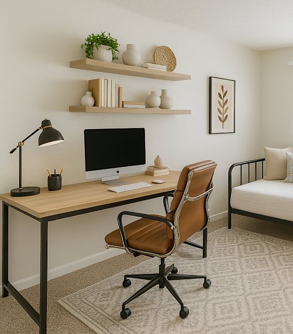 A living room with a grey couch, a wooden coffee table, and a rug.