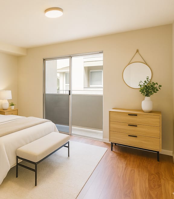 A bedroom with a large bed and a chair.