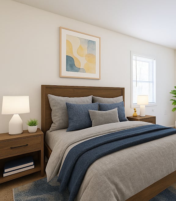 A bedroom with a bed, a lamp, a plant, and a painting on the wall.
