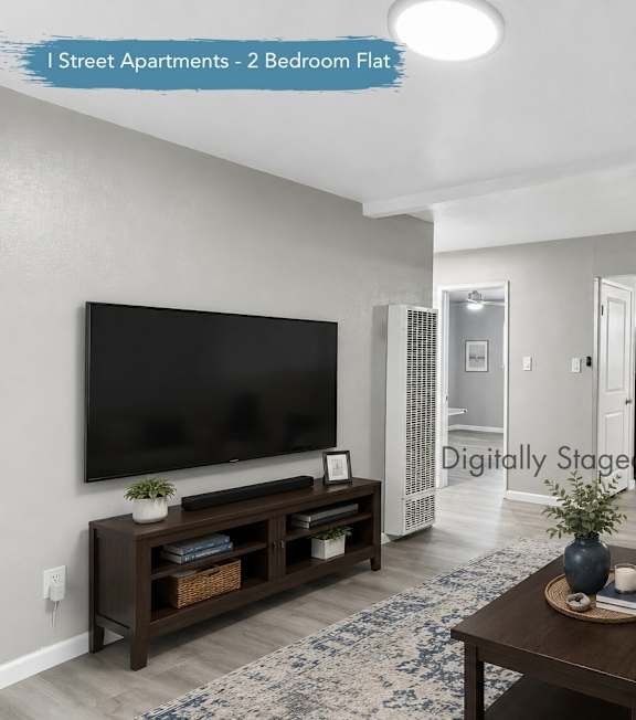 A patio with a table and chairs and a mailbox at I Street Apartments, California 95616
