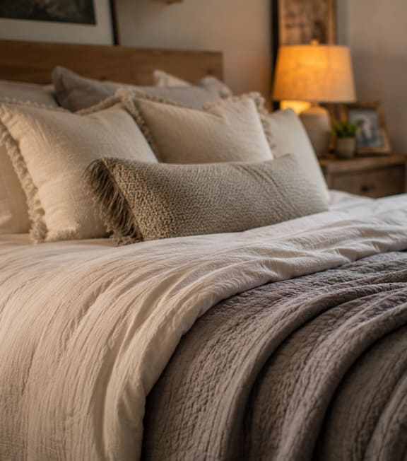 A bed with a white comforter and pillows with a lamp on a side table.