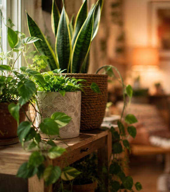 A variety of houseplants are displayed on a wooden table.