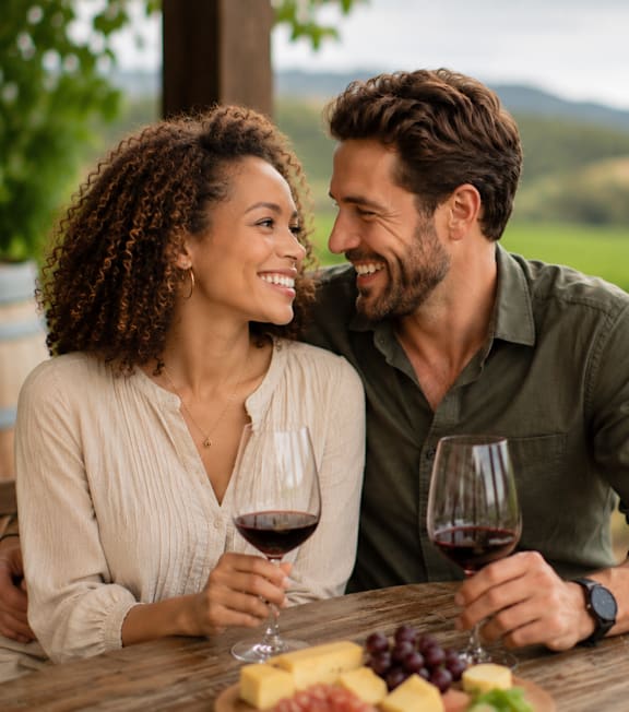 A couple enjoying a glass of wine in a vineyard.