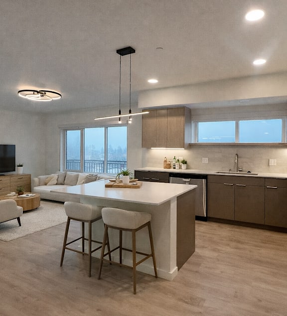 A modern kitchen with a bar area and a television.