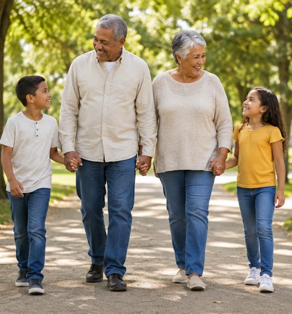 A family of four is walking together in a park.