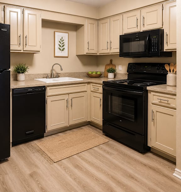 a kitchen with white cabinets and black appliances