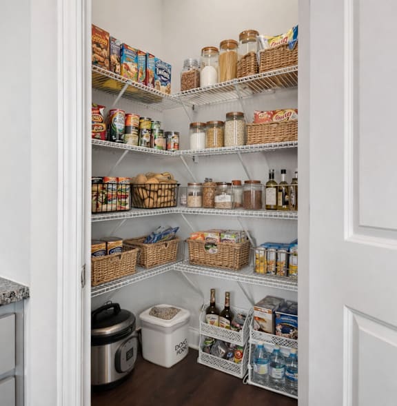 A pantry with a variety of food and drink items on the shelves.