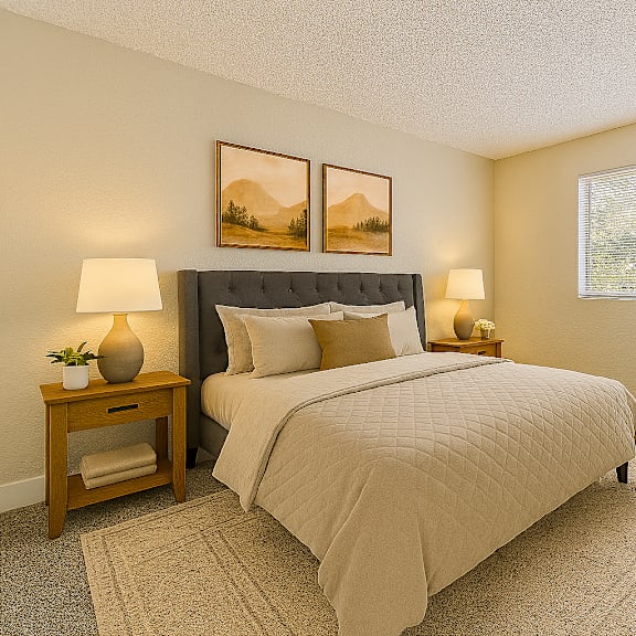 A bedroom with a large bed, two lamps, and a potted plant.