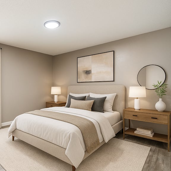 a bedroom with a bed and a chair and a window