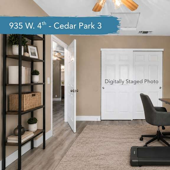 an open kitchen and living room with a counter and a ceiling fan at Cedar Park Apartments, Chico, CA
