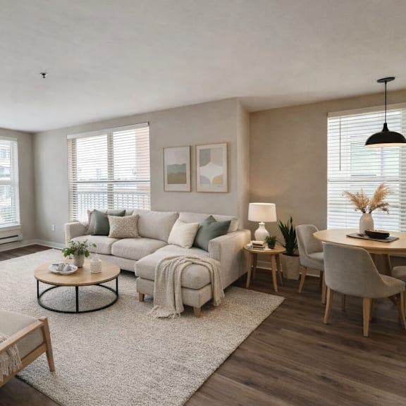 A living room with a television, sofas, and a coffee table.