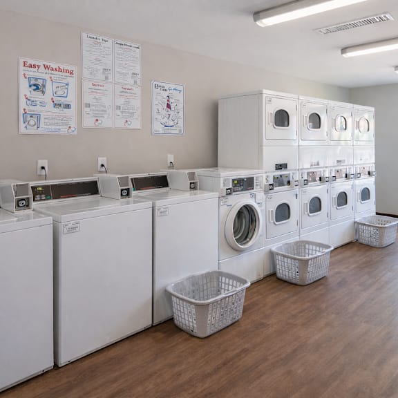 A laundromat with rows of washers and dryers.